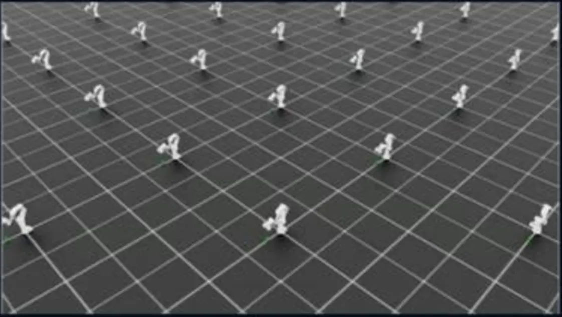 Many humanoids training in parallel on a grid