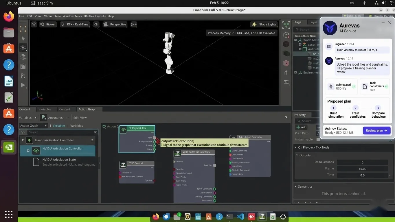 Aurevas AI Copilot panel running on top of Isaac Sim