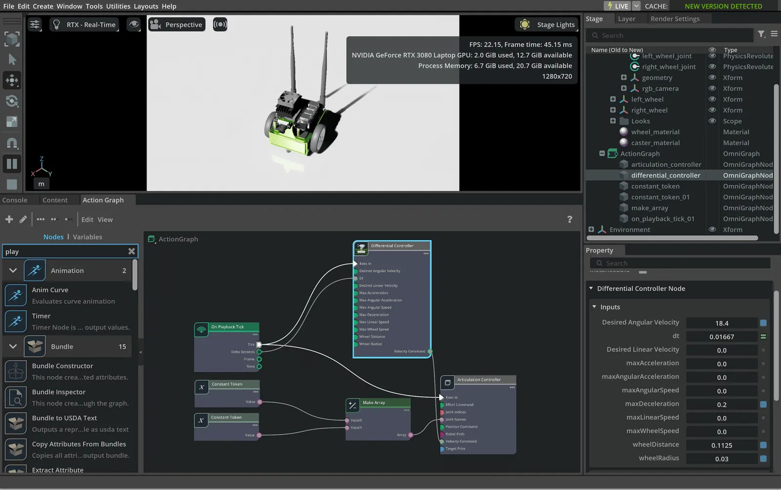NVIDIA Isaac Sim interface with node graph, stage tree and property panels