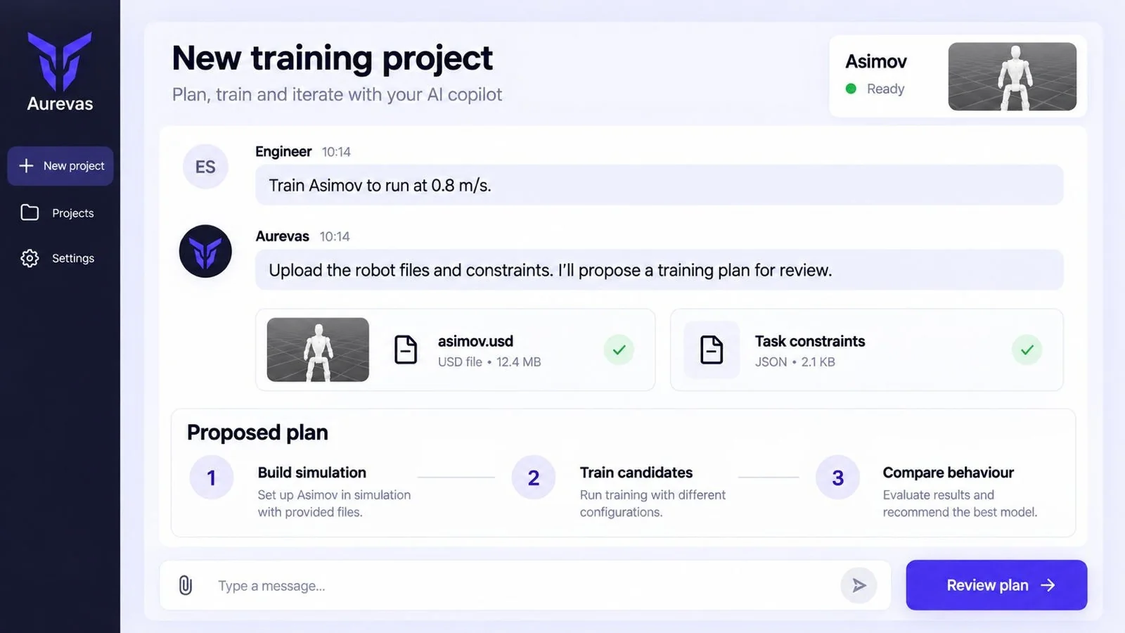 Aurevas copilot: new training project, proposed plan with build simulation, train candidates and compare behaviour