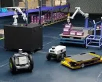 Mobile robots and arms in a warehouse